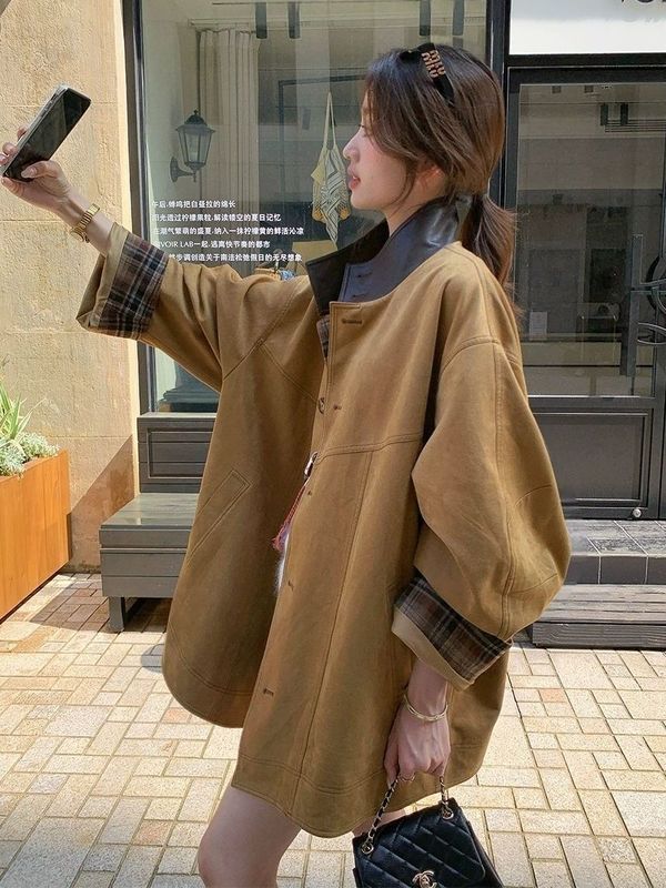 巴恩风立领撞色仿麂皮绒外套女2025秋季新款洋气百搭风衣夹克上衣|undefined