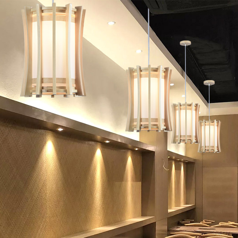 Araña de estilo japonés restaurante de olla caliente lámpara de restaurante de madera maciza creativa Nordic log Bird Cage chandelier lámpara de Bar de estilo coreano