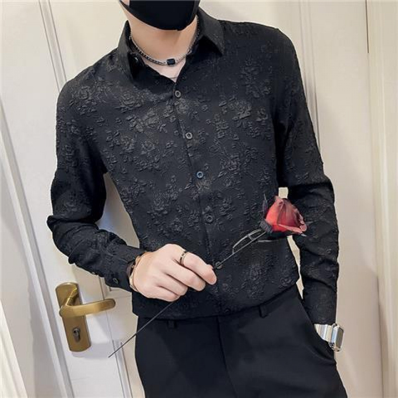 Shirt Men's Ripper Handsome Rose Korean Style Internet Celebrant Elastic Non-ironing Long Sleeve Shirt with Dark Pattern for Men