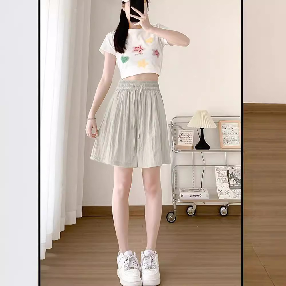 Women's Summer Thin Ice Silk Athletic Shorts, Wide Leg, Five-Fingered, Muscle Hiding, Slimming, Casual High-Waisted, Flowy Pants