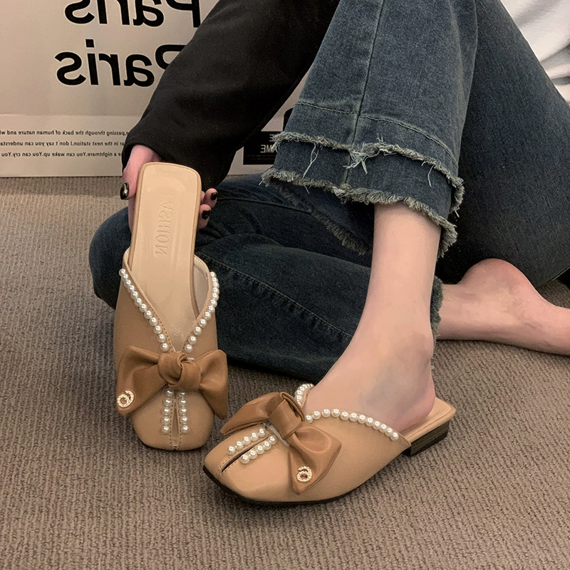 Баотоу половинная тапочка женская летняя одежда 2025 новая корейская версия бантика жемчуг с мягким дном