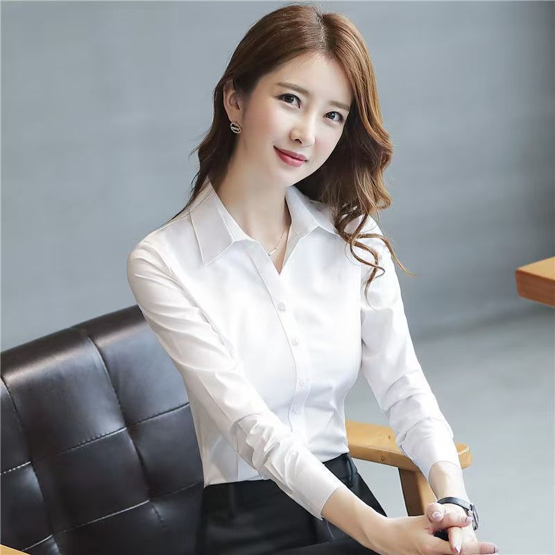 Spring and Autumn Shirt Women's White Shirt Customized Long Sleeve Business Wear Formal Work Clothes Slim Fit Anti-Wrinkle No Ironing 60 Cotton Embroidery