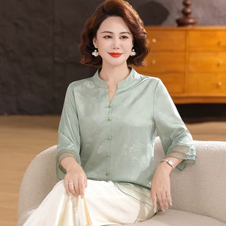 2026新中式国风妈妈装新款套装女中老年夏季端庄大气仿真丝两件套
