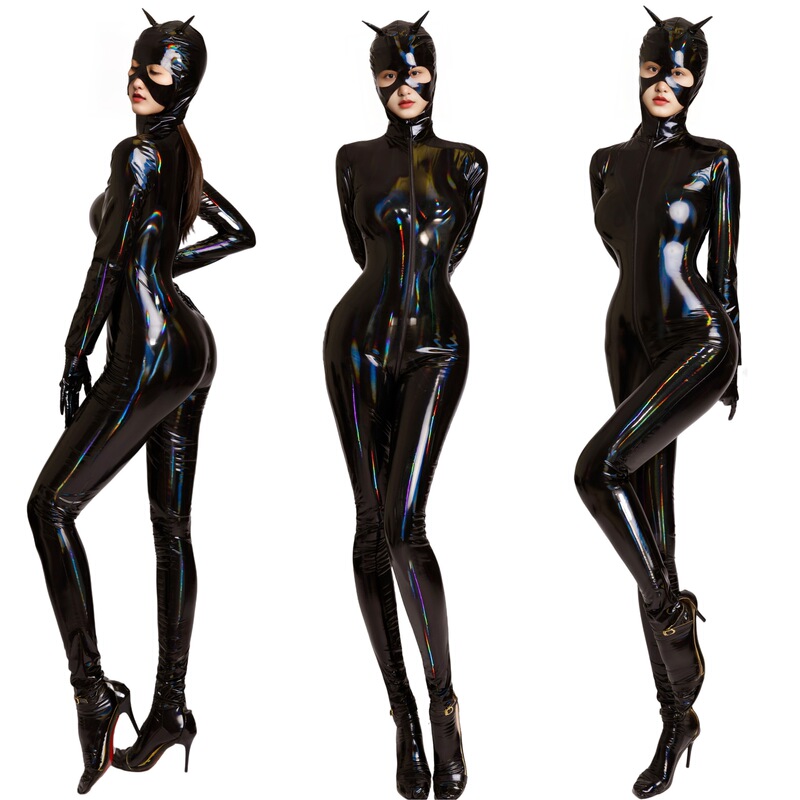 Shiny Patent Leather Pu Iridescent Sexy Lingerie for Women, Zippered Crotchless Nightclub Catgirl One-Piece Leather Outfit
