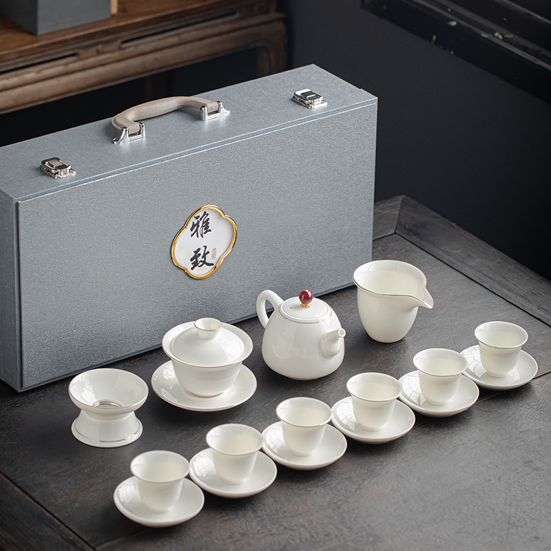 Dehua mutton fat jade white porcelain kung fu tea set wholesale printable company logo opening gift set gift box Dehua mutton fat jade white porcelain kung fu tea set wholesale printable company logo opening gift set gift box