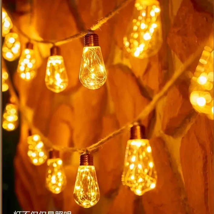 Outdoor hemp‑rope string lights, papaya warm‑white bulbs, 8 m, 16/20 bulbs, waterproof power options
