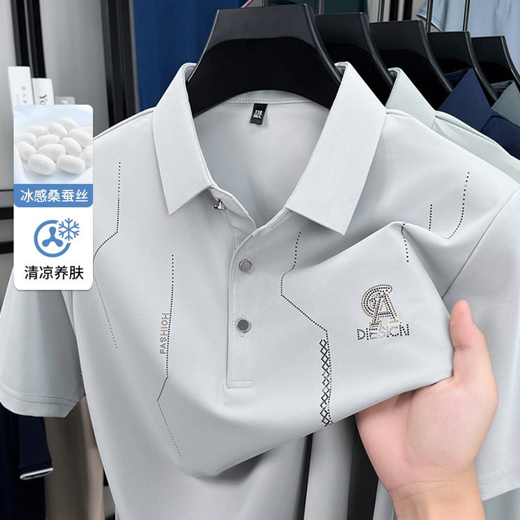 メンズアイスシルク半袖Tシャツ中年お父さん夏薄いアンダーシャツラペルポロメンズTシャツメンズTシャツ|undefined