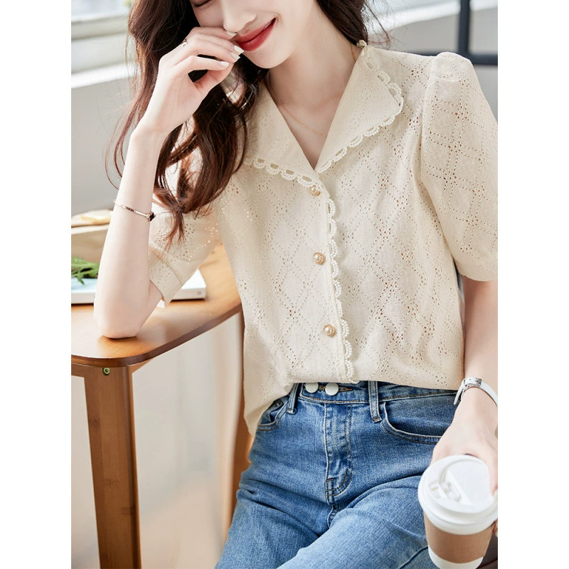 Французский ретро V-образный вырез рубашка с короткими рукавами женский летний 2025 новый дизайн чувство ниша ретро тонкий свежий топ
