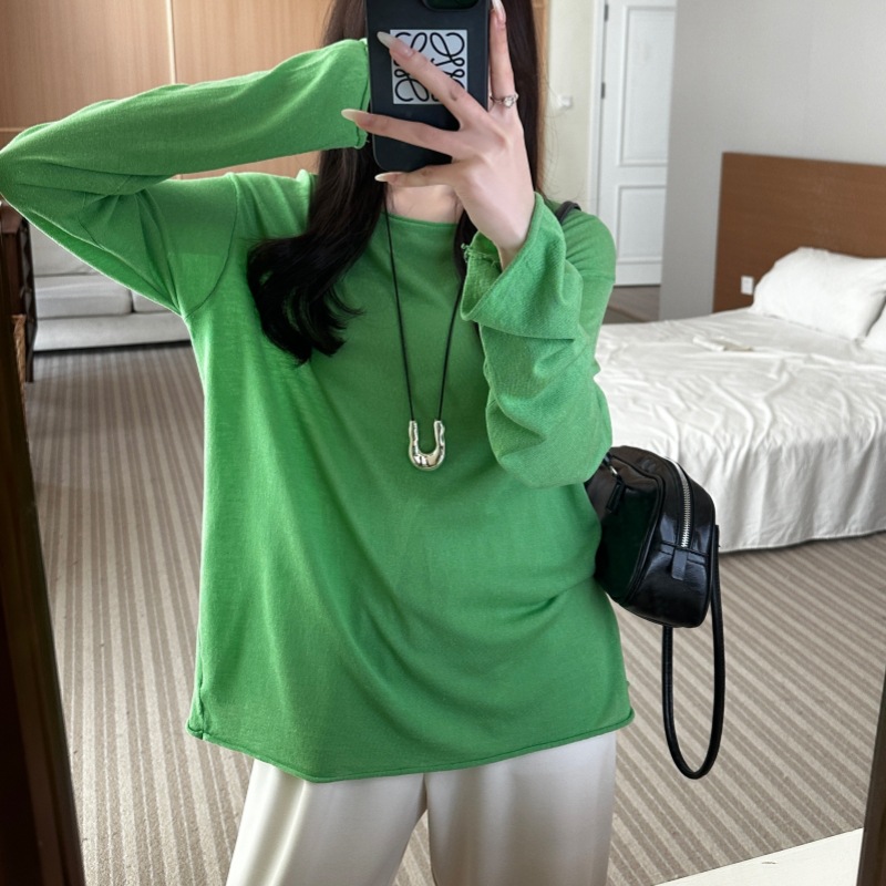 博主推荐夏季新款莱赛尔亚麻冰丝卷边设计长袖防晒衣女薄款针织衫