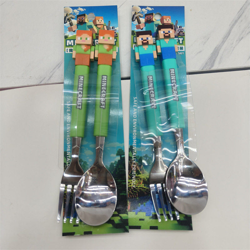 Foreign Trade Minecraft Tableware Fork and Spoon Set Portable Fork and Spoon 2-Piece Set Block World Children's Tableware Wholesale Foreign Trade Minecraft Tableware Fork and Spoon Set Portable Fork and Spoon 2-Piece Set Block World Children's Tableware Wholesale