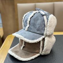 复古麂皮绒雷锋帽子女冬天百搭加厚保暖羊羔毛护耳帽男滑雪飞行帽
