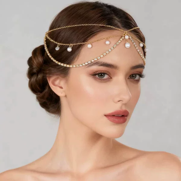 European and American cross-border jewelry exotic style tassel hair chain for women, rhinestone pearl pendant forehead chain, multi-layered diamond-embellished headpiece