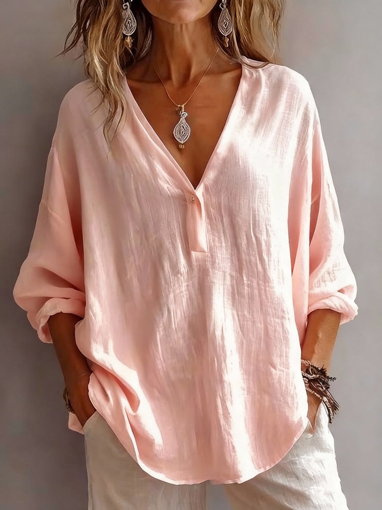 Women's V-Neck Long Sleeve Blouse Relaxed Fit Pullover Top For Autumn Casual Wear_ecoleips.com