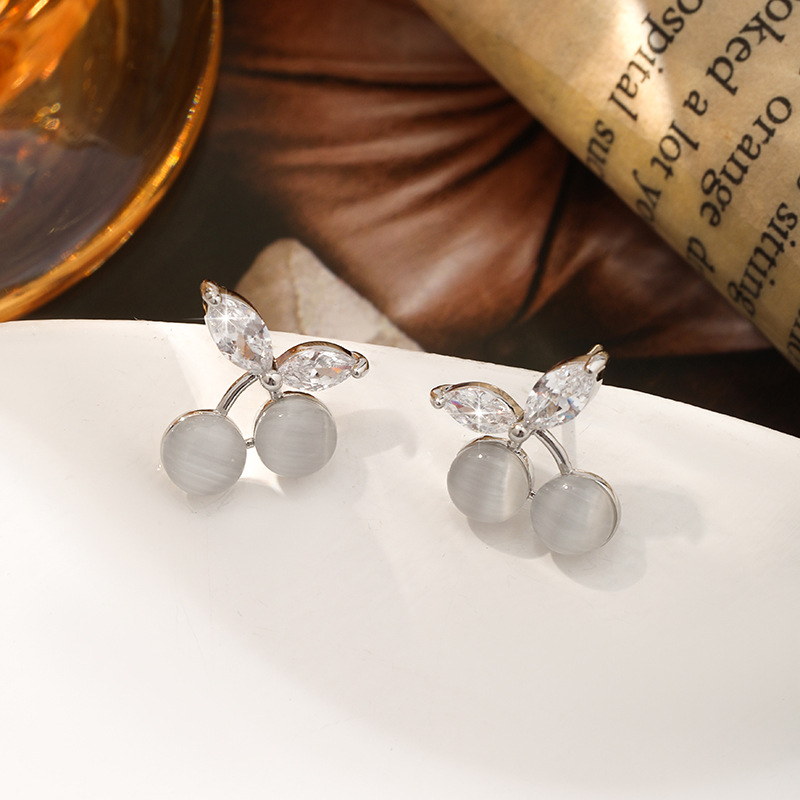 Cherry Pattern 1 Pair Sweet Cherry Cat's Eye Stone Copper Zircon Ear Studs