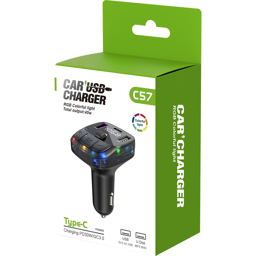 New C57 Car Mp3 Player Atmosphere Light Effect Pd30W Fast Charging Bluetooth Hands-Free Fm Transmitter Car Mp3