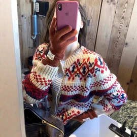 复古费尔岛100%纯羊毛针织开衫女秋冬新款提花宽松加厚毛衣外套潮