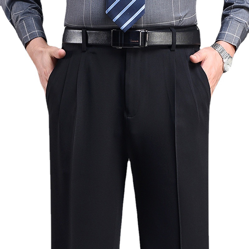 Papá pantalones de traje de mediana edad y ancianos de cintura alta plisados dobles pantalones de hombre casuales de mediana edad rectos sueltos profundos sin planchar Primavera, Otoño e Invierno grueso