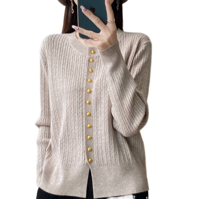 Primavera y otoño de alta calidad invierno nuevo estilo de cuello redondo jersey de punto cardigan suéter de mujer chaqueta suelta flor de nézel con camisa de base