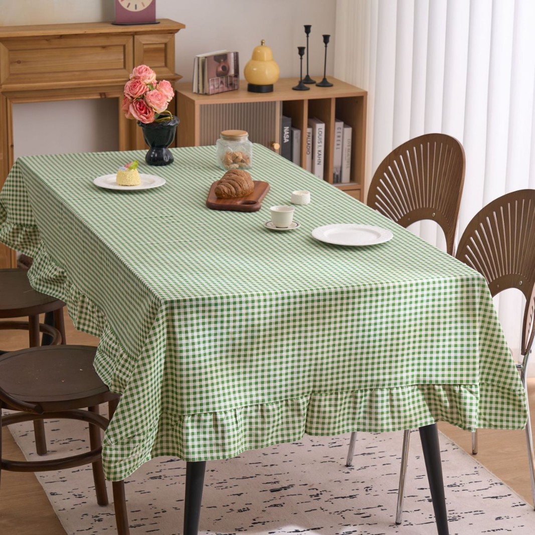 Yimanqiyun Tablecloth French Retro Plaid Print Round Ruffle Atmosphere Dining Table Living Room Fabric