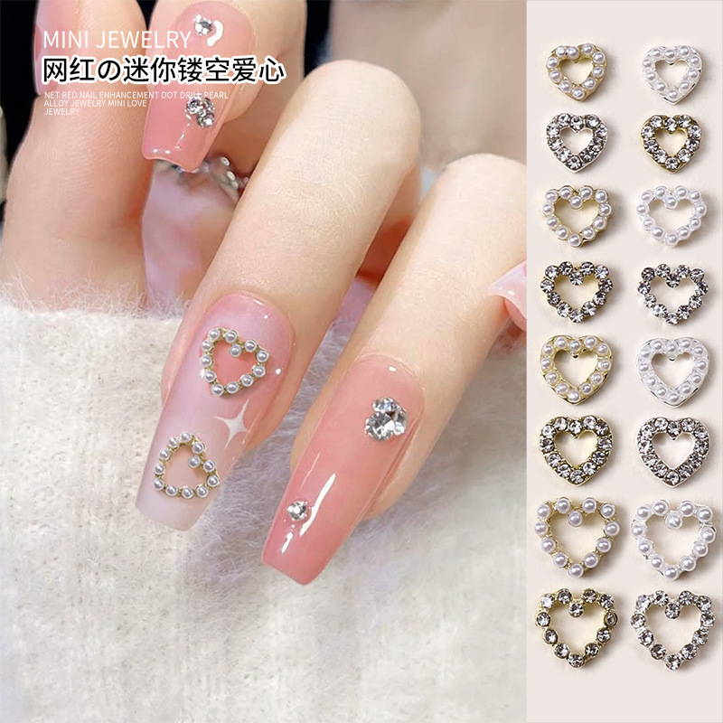 Hollow Heart-Shaped Alloy Light Luxury Nail Art Accessories Inlaid with Diamonds and Pearls, Resin Nail Art Rhinestones in Stock