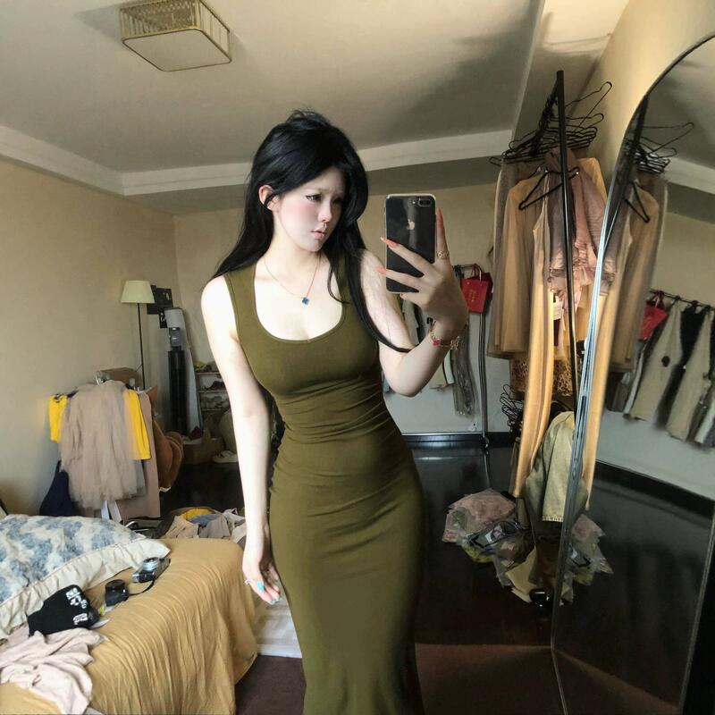Tailand Holiday Bright Olive Green Wide-Shoulder Strap Ribbed Dress for Women, Spring/Summer Long Dress, Slim Fit, Bodycon Base Dress Tailand Holiday Bright Olive Green Wide-Shoulder Strap Ribbed Dress for Women, Spring/Summer Long Dress, Slim Fit, Bodycon Base Dress