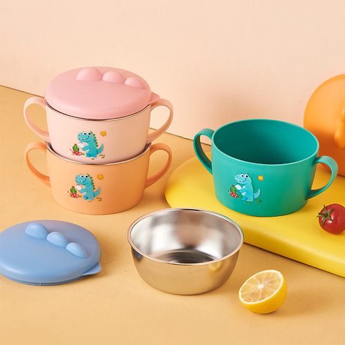 Large children's bowl anti-fall and anti-scalding for eating baby bowl children's tableware 316 stainless steel bowl food bowl with spoon