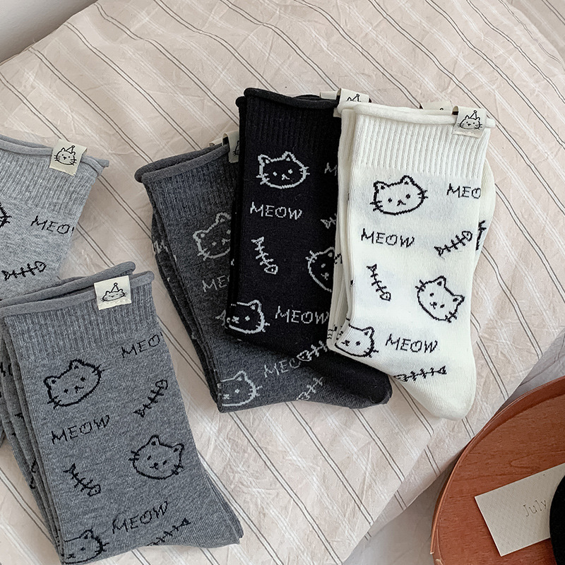 가을 겨울 여성 고양이 양말 면 캐릭터 데일리 중목양말