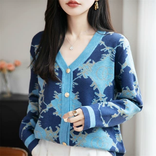 法式提花精纺毛针织开衫女秋冬新复古显瘦长袖打底衫女装毛衣外套