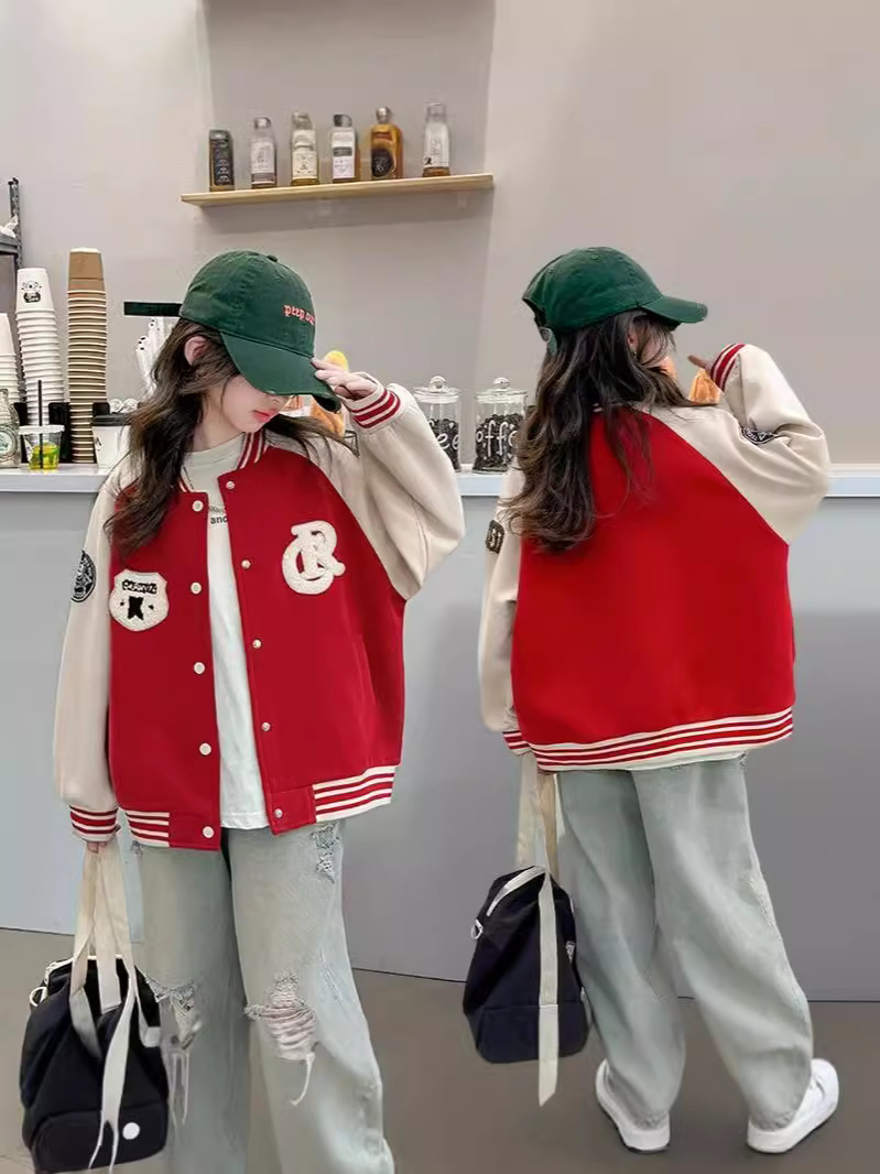Chaquetas para niñas, trajes de béisbol para niños de primavera 2024, ropa para niños nuevos, ropa de primavera y otoño para niñas, tops de estilo occidental para niños grandes