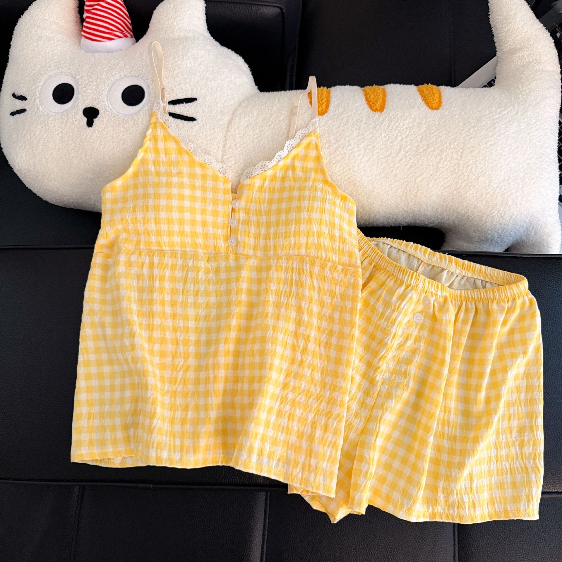 Pantalones cortos con cojín de pecho al por mayor transfronterizo pijamas de verano nuevo algodón nublado dulce conjunto de ropa de casa a cuadros