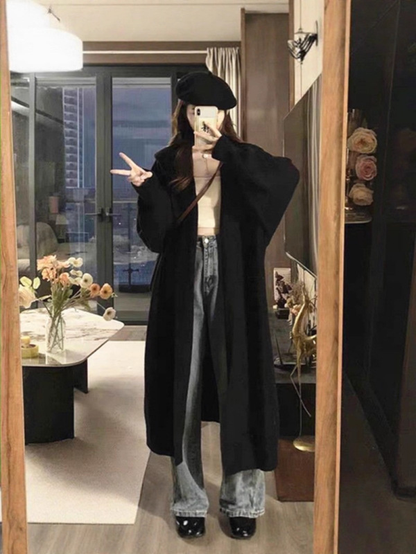 大码美拉德穿搭中长款毛衣开衫外套秋冬慵懒风连帽针织衫上衣|undefined