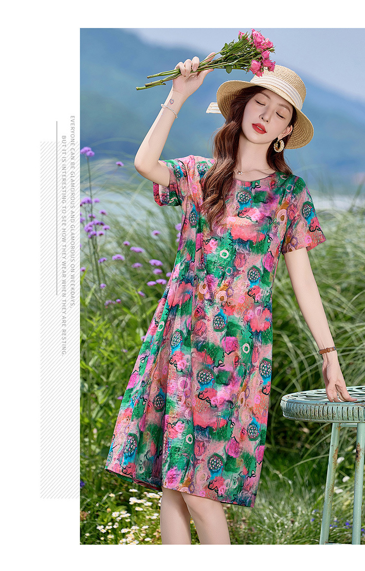 Đầm maxi nữ hoa nhỏ xanh lá cây tươi mát, dáng suông rộng, tay ngắn, mỏng nhẹ mùa hè 2025 — Màu hồng xanh lục, Màu xanh lá chi tiết 19