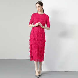 18928实拍夏季新款女装褶皱多层流苏蛋糕裙纯色中袖修身连衣裙