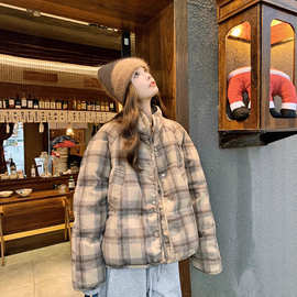 时尚格纹短款羽绒棉服女冬季2025新款格子布宽松显瘦加厚棉衣外套