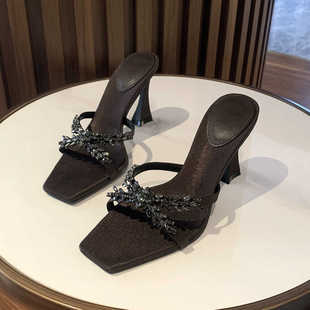 Rhinestone Cross Strap Sandals Women's Summer 25 New Leaf Chain High Heels Square Head Horseshoe Heel Slides with Sandals