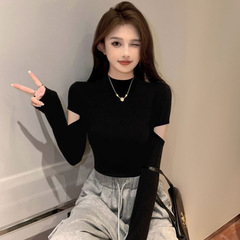 螺纹黑色半高领打底衫女春秋内搭设计感长袖t恤针织紧身短款上衣