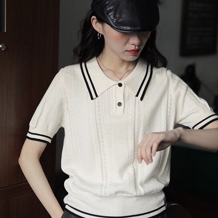 Korean-Style College Style Color-Block Polo Collar Striped Knit Short-Sleeve Women's 2026 New Summer Regular Shoulder Short T-Shirt