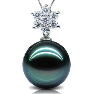 Tahitian Black Pearl Necklace Pendant Single Mother-Of-Pearl Bead Snowflake Style Clavicle Chain 925 Silver Round Elegant Flawless