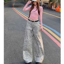 美式复古豹纹阔腿牛仔裤女2026春季新款设计感宽松垂感休闲直筒裤