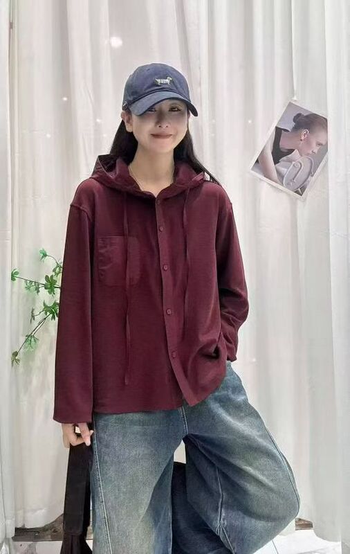 休闲百搭纯色连帽长袖开衫t恤女 2025秋季新款宽松大码衬衣衬衫|undefined