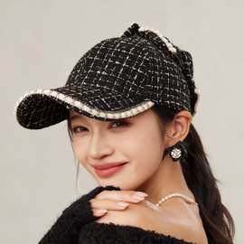 小香风粗花呢格纹棒球帽女秋冬复古优雅可拆卸发夹鸭舌帽遮阳帽潮