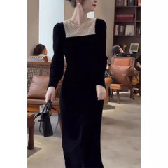 春と秋の新しいフレンチレトロな気質の女性のハイエンドフォーマルシーンハイエンドドレスブラックベルベットドレス