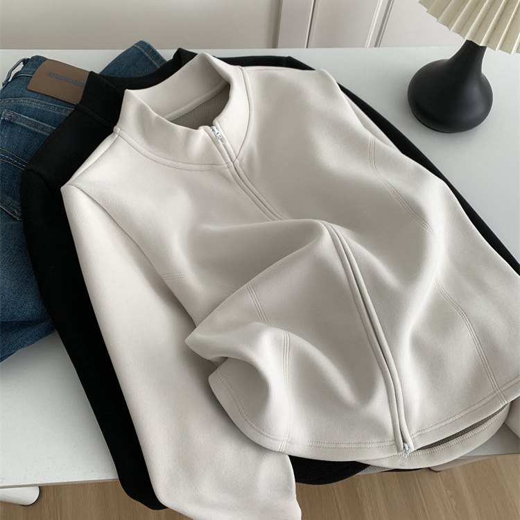 Self-Heating Velvet Slim Waist Stand-Up Collar Zipper Shirt, Feminine and Versatile, Small Version, Right Shoulder, Long-Sleeved Sweatshirt Jacket, Autumn and Winter Style