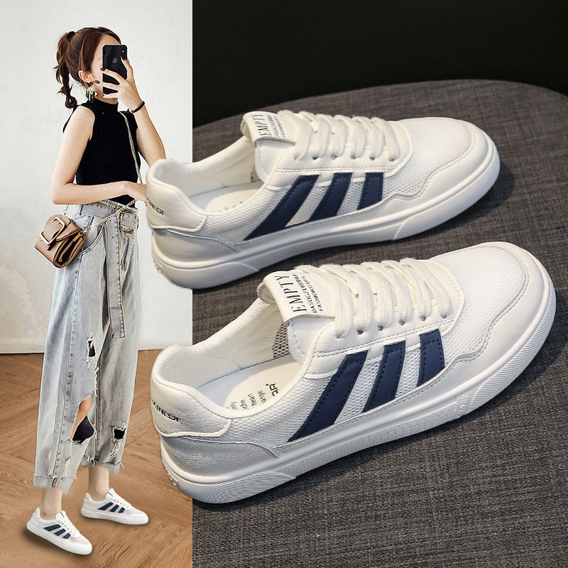 Zapatos de mujer de cuero zapatos blancos mujeres 2025 primavera nuevo estilo rayas planas todo fósforo deportes y zapatos de tablero casual