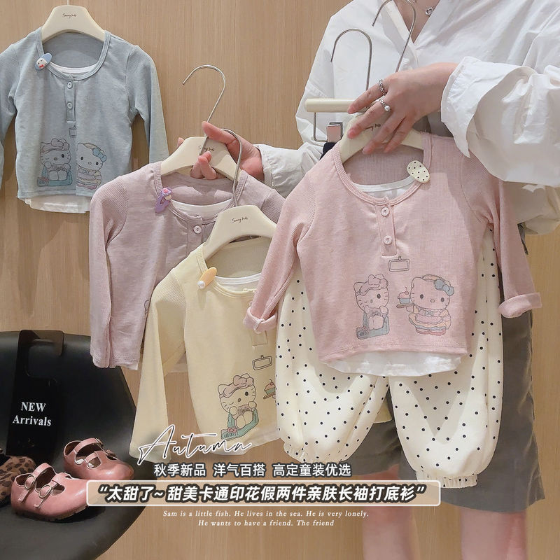 儿童假两件宝宝纯棉内衬打底衫人棉开门襟上衣女童春秋款长袖T恤|undefined