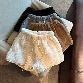春秋冬女装新款 日韩辣妹松紧腰抽绳保暖外穿休闲羊羔毛短裤子