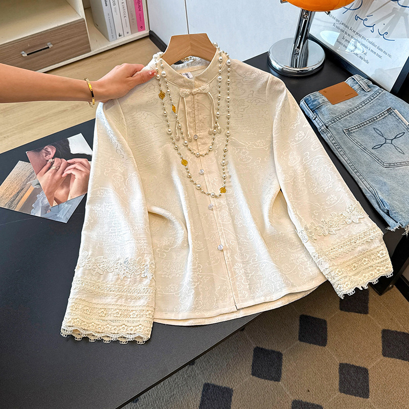 New Chinese-Style Heavy Beaded Cuff Lace Shirt 2026 New Loose Button-Up Base Shirt Inner Wear Top New Chinese-Style Heavy Beaded Cuff Lace Shirt 2026 New Loose Button-Up Base Shirt Inner Wear Top