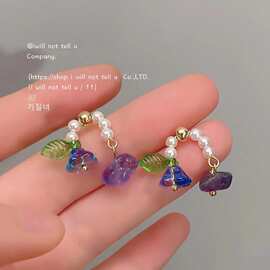 紫藤森系铃兰花耳钉 水晶石小众设计仿珍珠花朵2022新款耳饰银针