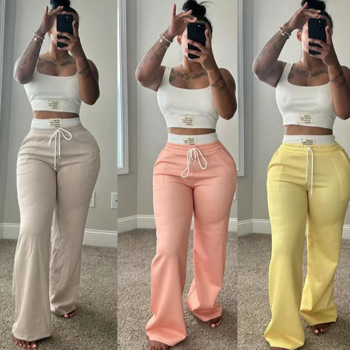Kindergarten-Style European and American Foreign Trade Cross-Border New Color-Blocked Double-Waist Stacked Loose-Fitting Sports Street Casual Long Pants Two-Piece Set for Women
