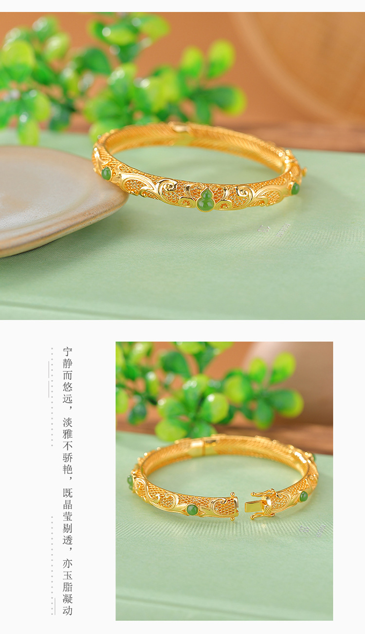 Vòng tay bạc S925 mạ vàng đính ngọc bích phong cách cổ điển họa tiết phúc lộc — Kiểu mạ tách màu chi tiết 5